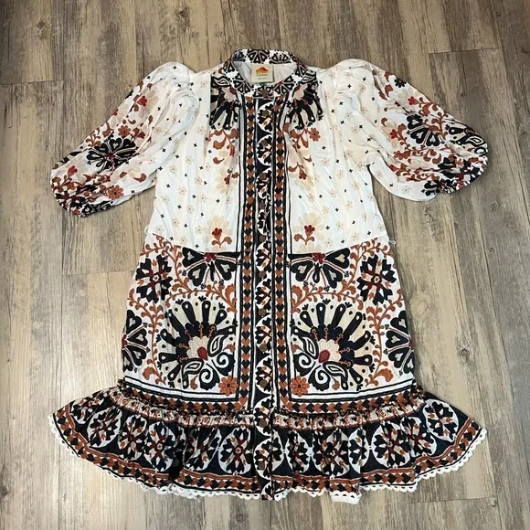 Farm Rio Flower Fan Off White Tapestry Dress Puff Sleeve Button Down Size Small - Picture 2 of 14